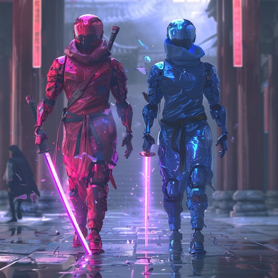 cybernetic ninjas, penetration testers, incident responders, holding a purple sword